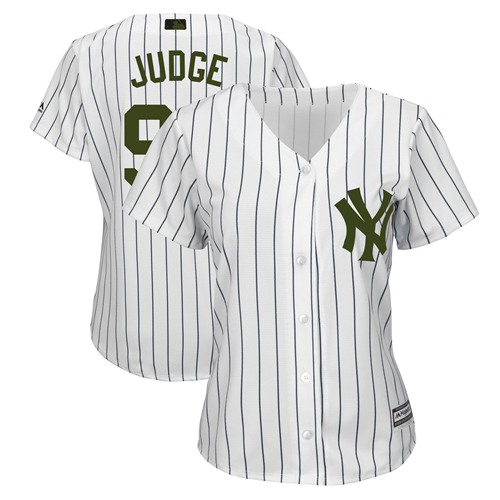 Yankees #99 Aaron Judge White Strip 2018 Memorial Day Cool Base Women's Stitched Baseball Jersey