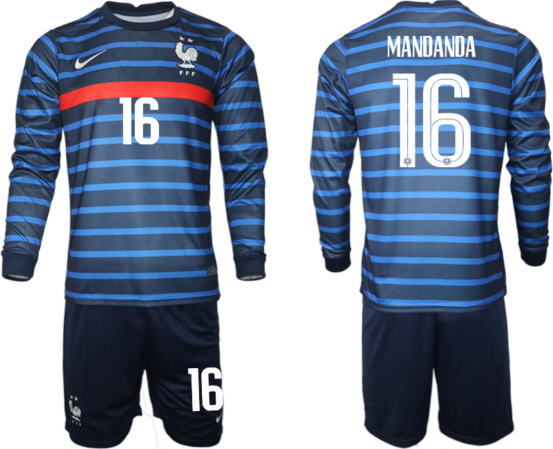 Men 2021 European Cup France home blue Long sleeve 16 Soccer Jersey