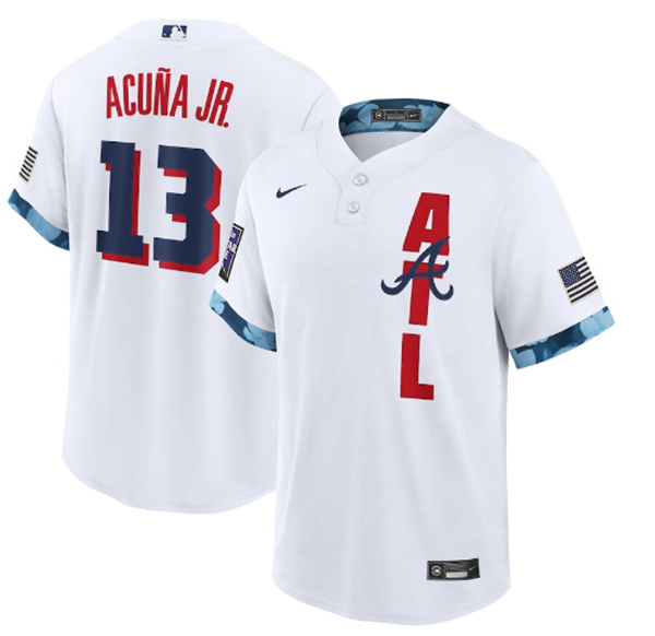 Men's Atlanta Braves #13 Ronald Acu&ntilde;a Jr. 2021 White All-Star Cool Base Stitched MLB Jersey
