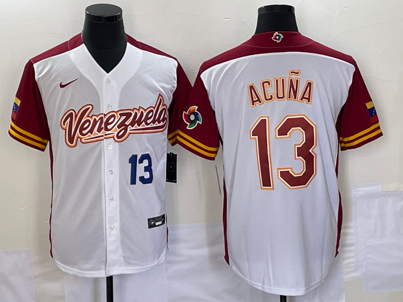 Men's Venezuela Baseball #13 Ronald Acuna Jr Number 2023 White Red World Classic Stitched Jersey1