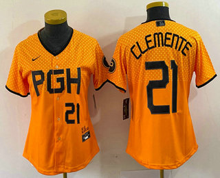 Women's Pittsburgh Pirates #21 Roberto Clemente Number Yellow 2023 City Connect Stitched Jersey