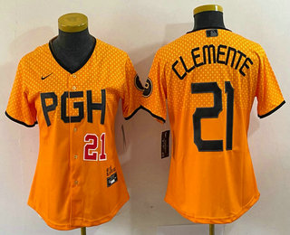 Women's Pittsburgh Pirates #21 Roberto Clemente Number Yellow 2023 City Connect Stitched Jersey1