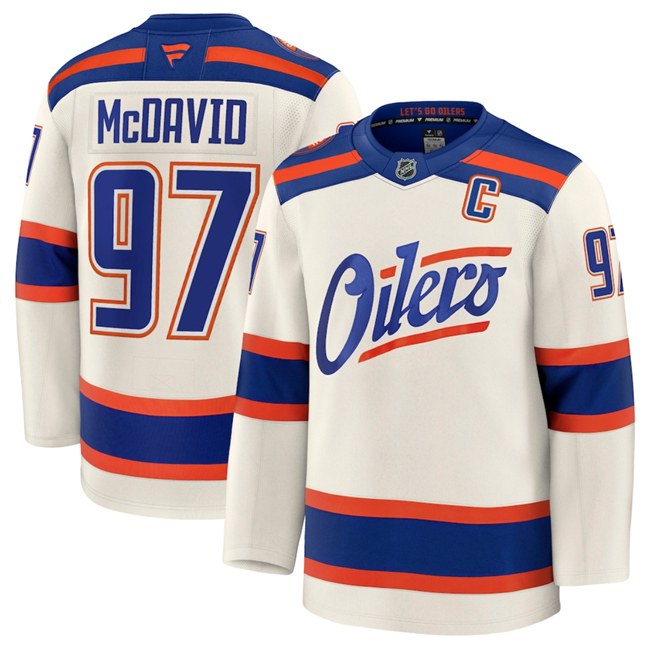 Men's Edmonton Oilers #97 Connor McDavid Light Beige Alternate With C Patch Stitched Hockey Jersey
