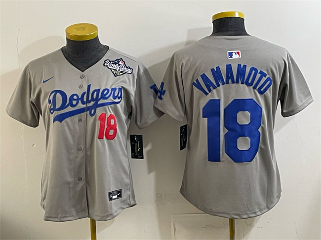 Women's Los Angeles Dodgers #18 Yoshinobu Yamamoto Grey 2025 World Series Patch Limited Stitched Baseball Jersey(Run Small)