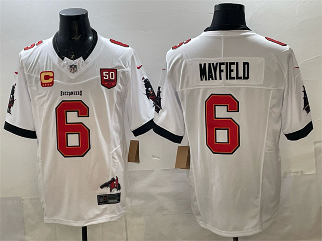 Men's Tampa Bay Buccaneers #6 Baker Mayfield White F.U.S.E. 50th Season & 4-Star C Patch Vapor Limited Football Stitched Jersey