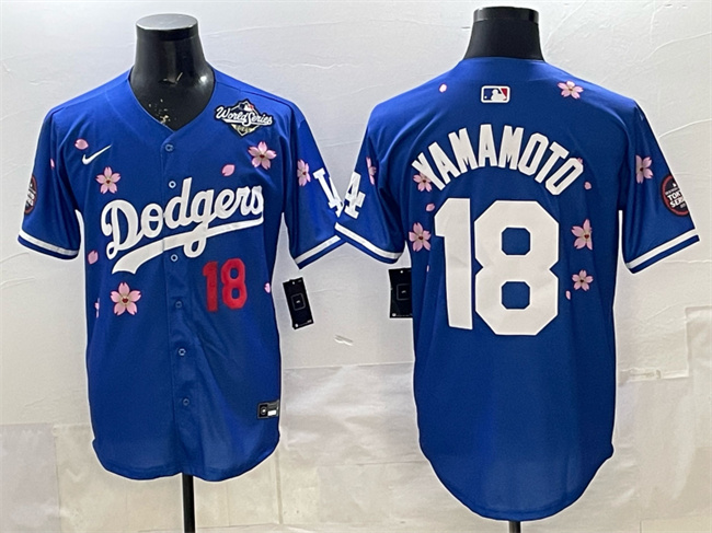 Men's Los Angeles Dodgers #18 Yoshinobu Yamamoto Royal 2025 World Series Patch Tokyo Series Limited Stitched Baseball Jersey