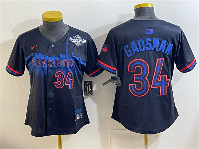 Women's Toronto Blue Jays #34 Kevin Gausman Navy 2025 World Series City Connect Limited Stitched Baseball Jersey(Run Small)