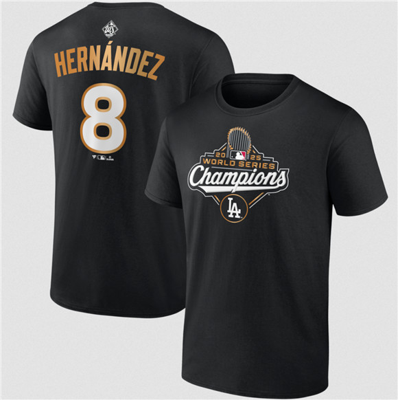 Men's Los Angeles Dodgers #8 Enrique Hernández Black 2025 World Series Champions Name & Number T-Shirt
