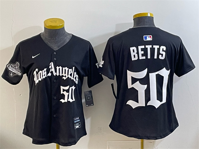 Women's Los Angeles Dodgers #50 Mookie Betts Black 2025 World Series Champions LA Gothic Edition Limited Stitched Baseball Jersey(Run Small)