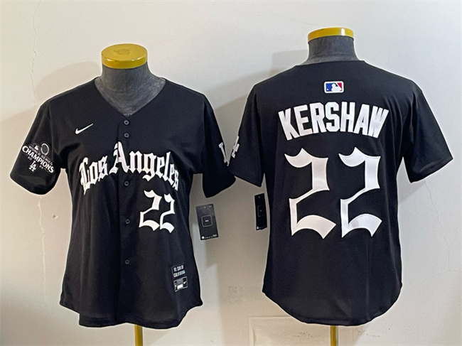 Women's Los Angeles Dodgers #22 Clayton Kershaw Black 2025 World Series Champions LA Gothic Edition Limited Stitched Baseball Jersey(Run Small)