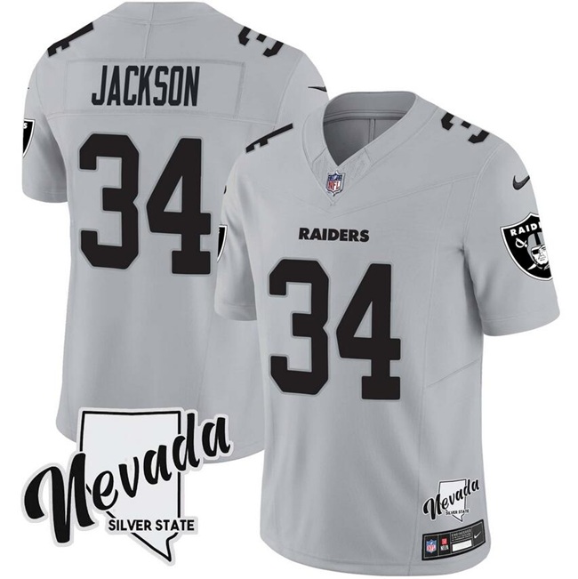 Men's Las Vegas Raiders #34 Bo Jackson Gray F.U.S.E. With Nevada Silver Stat Patch Vapor Limited Football Stitched Jersey