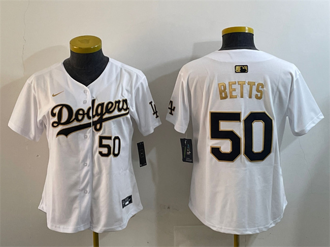 Womens Los Angeles Dodgers #50 Mookie Betts White Gold Home Limited Stitched Baseball Jersey(Run Small)