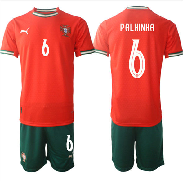 Men's Portugal Team #6 Joao Palhinha 2025 Red Home Soccer Jersey Suit