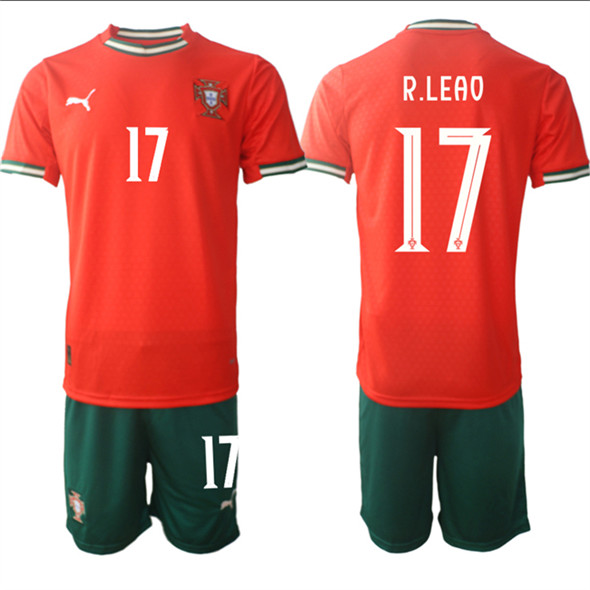 Men's Portugal Team #17 Rafael Leao 2025 Red Home Soccer Jersey Suit