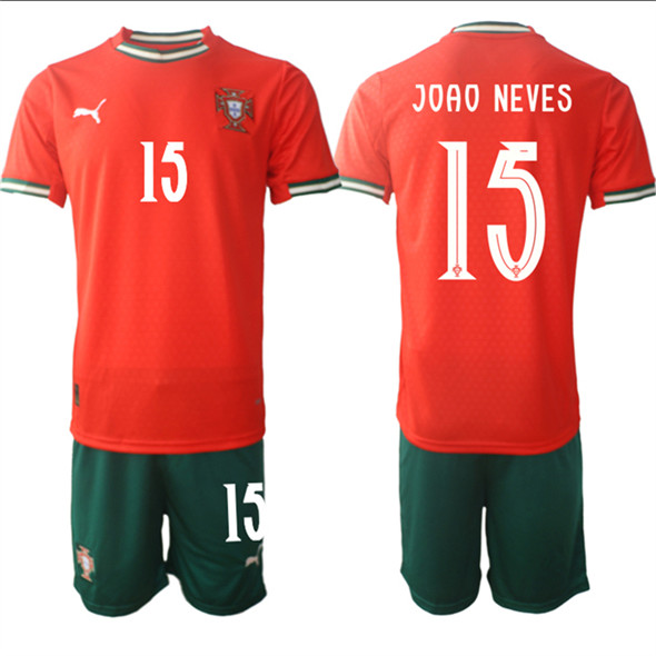 Men's Portugal Team #15 Joao Neves 2025 Red Home Soccer Jersey Suit