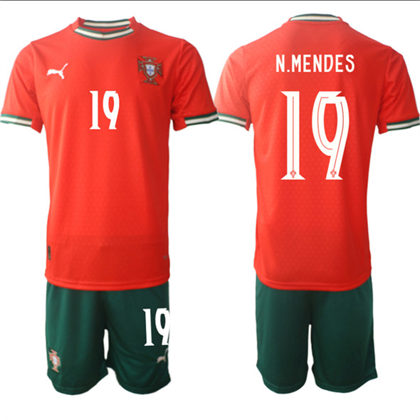 Men's Portugal Team #19 Nuno Mendes 2025 Red Home Soccer Jersey Suit