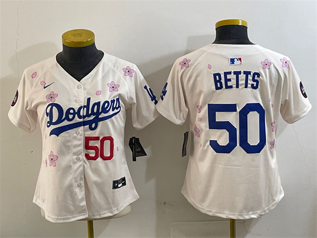 Women's Los Angeles Dodgers #50 Mookie Betts Cream 2025 Tokyo Series Limited Stitched Baseball Jersey(Run Small)