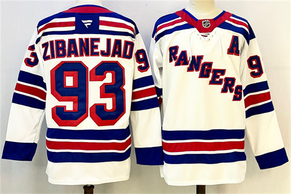 Men's New York Rangers #93 Mika Zibanejad White With A Patch 2024-25 Away Stitched Jersey