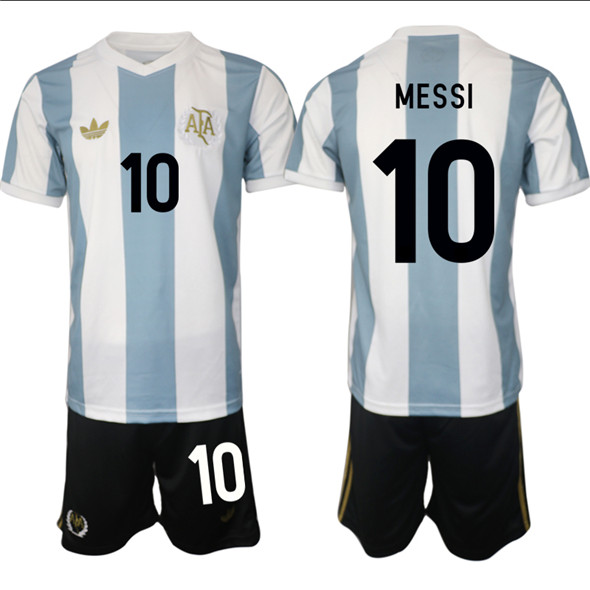 Men's Argentina #10 Lionel Messi White Blue 2024-25 50th Anniversary Home Soccer Jersey Suit