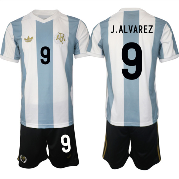 Men's Argentina #9 Julián Alvarez White Blue 2024-25 50th Anniversary Home Soccer Jersey Suit