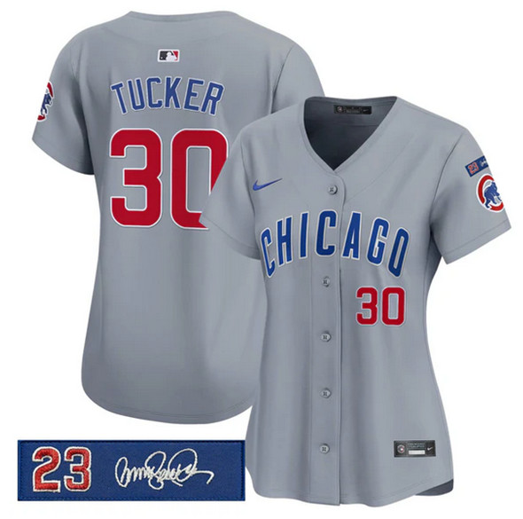 Women's Chicago Cubs #30 Kyle Tucker Gray 'Ryne Sandberg Tribute' Vapor Limited V3 Stitched Baseball Jersey(Run Small)