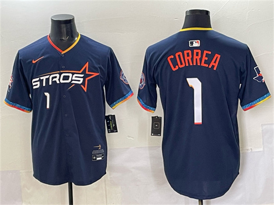 Men's Houston Astros #1 Carlos Correa Navy 2025 City Connect With Texas Patch Limited Stitched Baseball Jersey