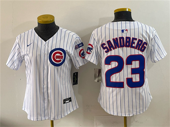 Women's Chicago Cubs #23 Ryne Sandberg White Pinstripe 'Ryne Sandberg Tribute' Vapor Limited V3 Stitched Baseball Jersey(Run Small)