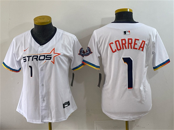Women's Houston Astros #1 Carlos Correa White 2025 City Connect Limited Stitched Baseball Jersey(Run Small)