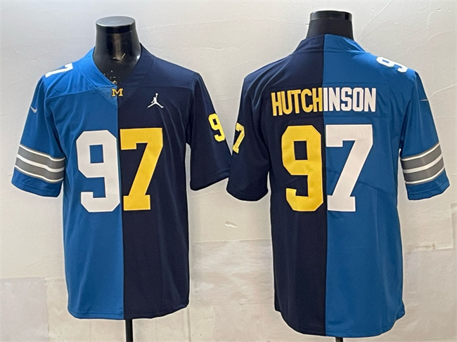 Men's Detroit Lions X Wolverines #97 Aidan Hutchinson Blue Navy Split Vapor Limited Stitched Jersey