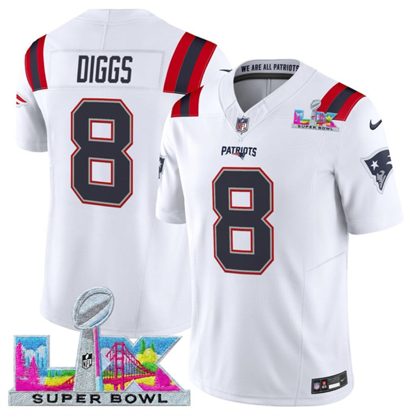 Men's New England Patriots #8 Stefon Diggs White 2025 F.U.S.E. Super Bowl LX Patch Vapor Limited Football Stitched Jersey