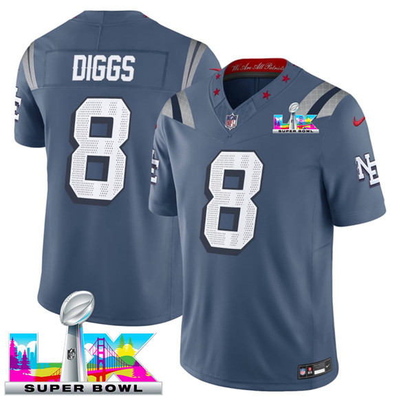 Men's New England Patriots #8 Stefon Diggs Storm Blue 2025 F.U.S.E. Super Bowl LX Patch “Rivalries” Vapor Limited Football Stitched Jersey
