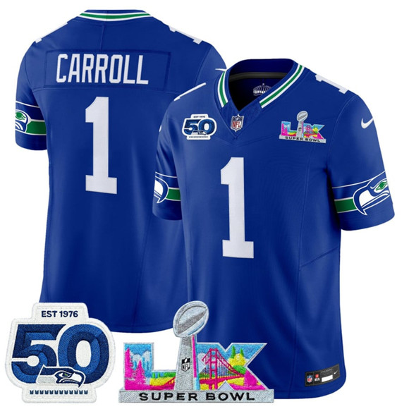 Men's Seattle Seahawks #1 Pete Carroll Royal 2025 F.U.S.E. Super Bowl LX Patch And 50th Season Patch Vapor Throwback Limited Football Stitched Jersey