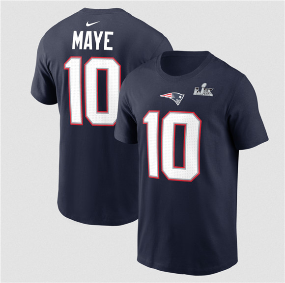 Men's New England Patriots #10 Drake Maye Navy 2025 Super Bowl LX Patch Name & Number T-Shirt