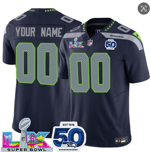 Men's Seattle Seahawks Active Player Custom Navy 2025 F.U.S.E. Super Bowl LX Patch And 50th Season Patch Vapor Limited Stitched Jersey