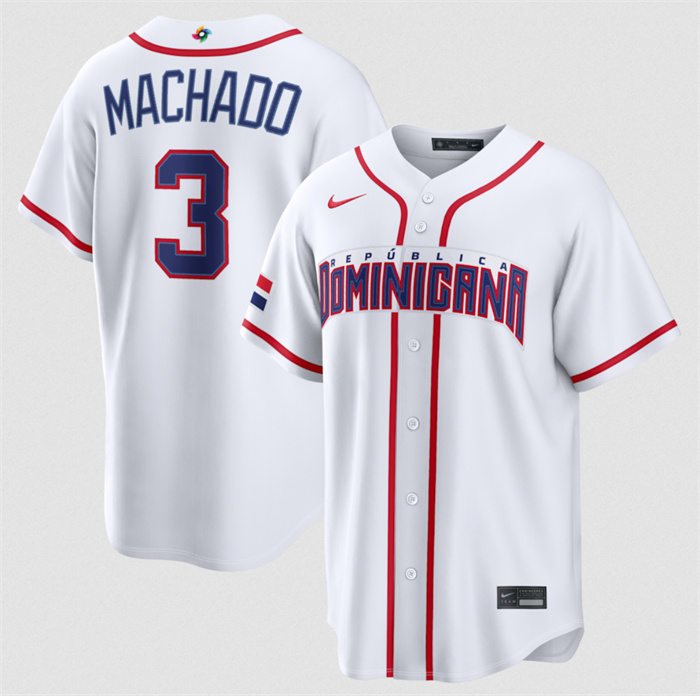 Men's Dominican Republic Baseball #3 Manny Machado White 2026 World Baseball Classic Home Stadium Stitched Jersey