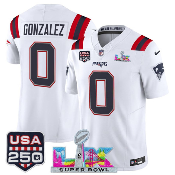 Men's New England Patriots #0 Christian Gonzalez White 2025 F.U.S.E. Super Bowl LX Patch And USA 250' Patch Vapor Limited Football Stitched Jersey