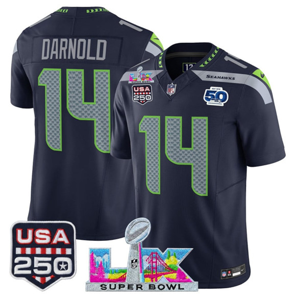 Men's Seattle Seahawks #14 Sam Darnold Navy 2025 F.U.S.E. Super Bowl LX Patch And 50th Season & USA 250' Patch Vapor Throwback Limited Football Stitched Jersey
