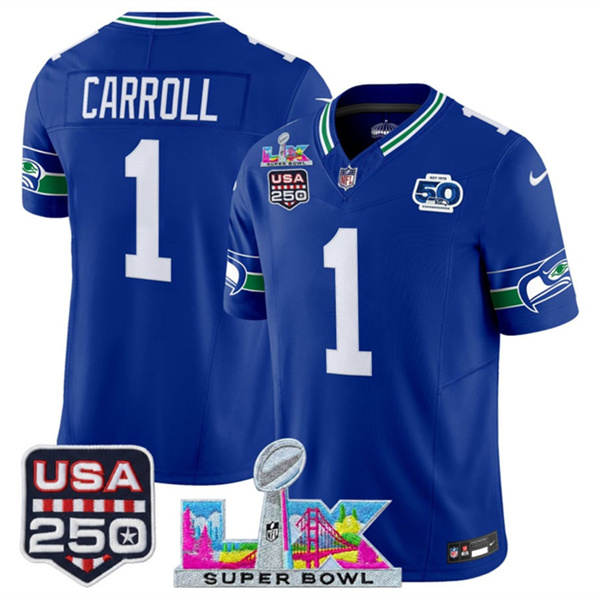 Men's Seattle Seahawks #1 Pete Carroll Royal 2025 F.U.S.E. Super Bowl LX Patch And 50th Season & USA 250' Patch Vapor Throwback Limited Football Stitched Jersey