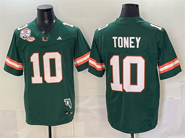 Men's Miami Hurricanes #10 Malachi Toney Green F.U.S.E. The Fiesta Bowl Champions & Florida Patch Stitched Football Jersey