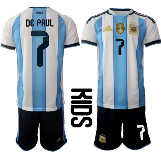 Youth Argentina #7 DE PAUL National Team FIFA x World Cup 2026 Home White On Field Kids Jersey