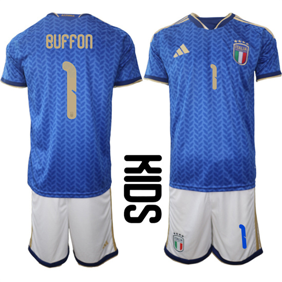 Youth Italy #1 BUFFON National Team FIFA x World Cup 2026 Home Blue On Field Kids Jerseys