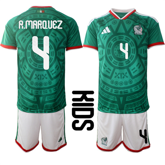 Youth Mexico #4 R.MARQUEZ National Team FIFA x World Cup 2026 Home Green On Field Kids Jersey