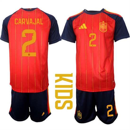 Youth Spain #2 CARVAJAL National Team FIFA x World Cup 2026 Home Red On Field Kids Jerseys