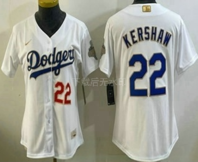 Women's Los Angeles Dodgers #22 Clayton Kershaw White 2026 Gold Collection Stadium Jersey