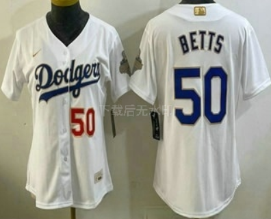 Women's Los Angeles Dodgers #50 Mookie Betts White 2026 Gold Collection Stadium Jersey