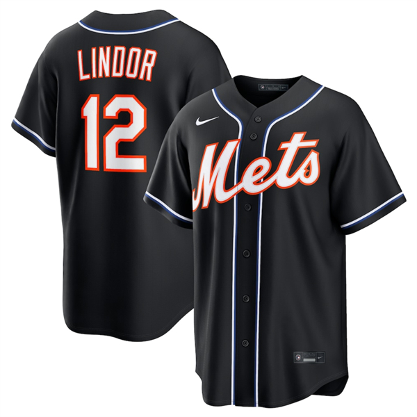 Men's New York Mets #12 Francisco Lindor 2026 Black Out Stitched Baseball Jersey