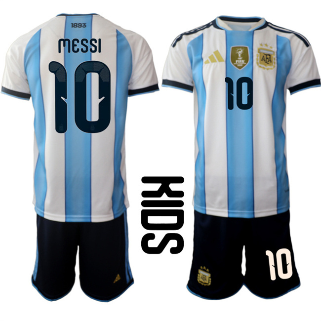 Youth Argentina #10 Lionel Messi White Blue 2025-26 Home Soccer Jersey Suit