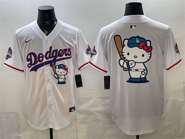 Men's Los Angeles Dodgers Team Big Logo White Hello Kitty Night 2025 World Series Champions Patch Stitched Baseball Jersey