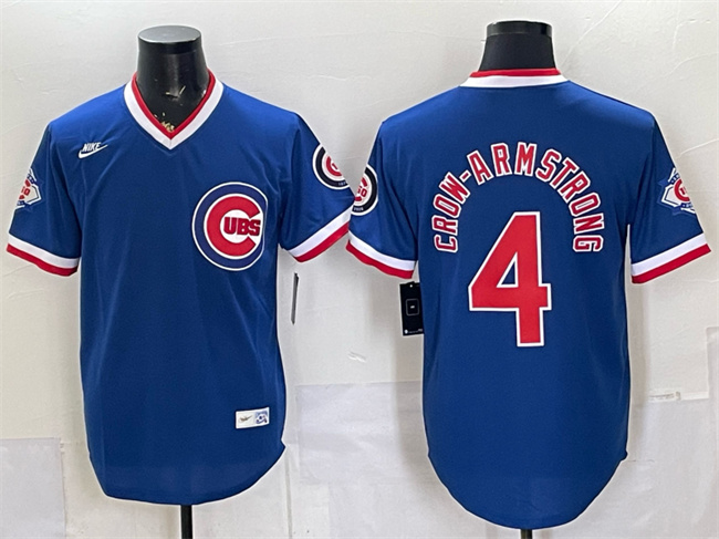 Men's Chicago Cubs #4 Pete Crow-Armstrong Royal 150th Anniversary Throwback Vapor Limited Stitched Baseball Jersey