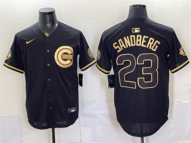 Men's Chicago Cubs #23 Ryne Sandberg Black Gold 150th Anniversary Patch Stitched Baseball Jersey